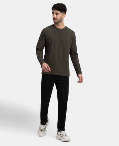 Super Combed Cotton Rich Solid Round Neck Full Sleeve T-Shirt - Olive