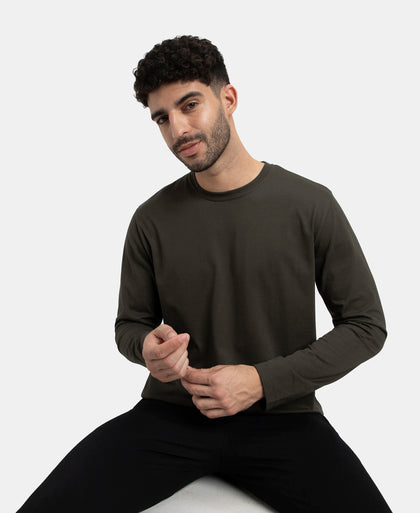 Super Combed Cotton Rich Solid Round Neck Full Sleeve T-Shirt - Olive