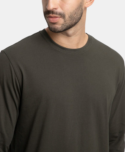 Super Combed Cotton Rich Solid Round Neck Full Sleeve T-Shirt - Olive