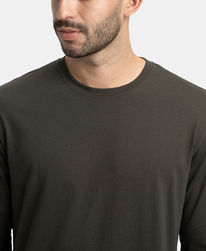 Super Combed Cotton Rich Solid Round Neck Full Sleeve T-Shirt - Olive