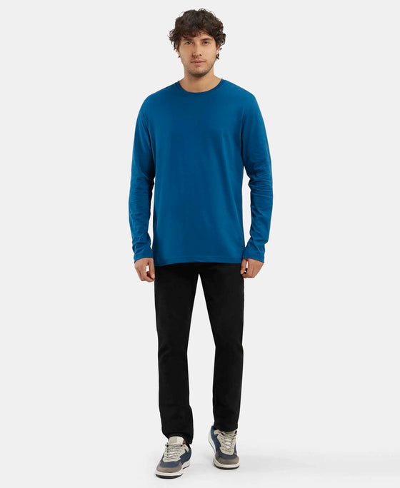 Super Combed Cotton Rich Solid Round Neck Full Sleeve T-Shirt - Seaport Teal-4