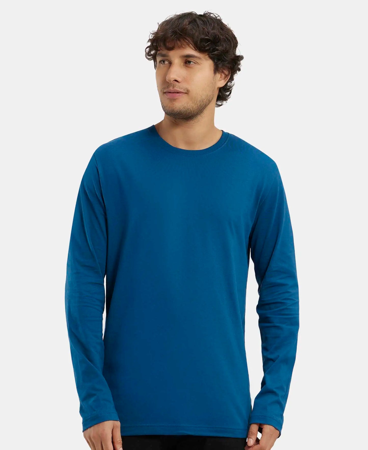 Super Combed Cotton Rich Solid Round Neck Full Sleeve T-Shirt - Seaport Teal-5