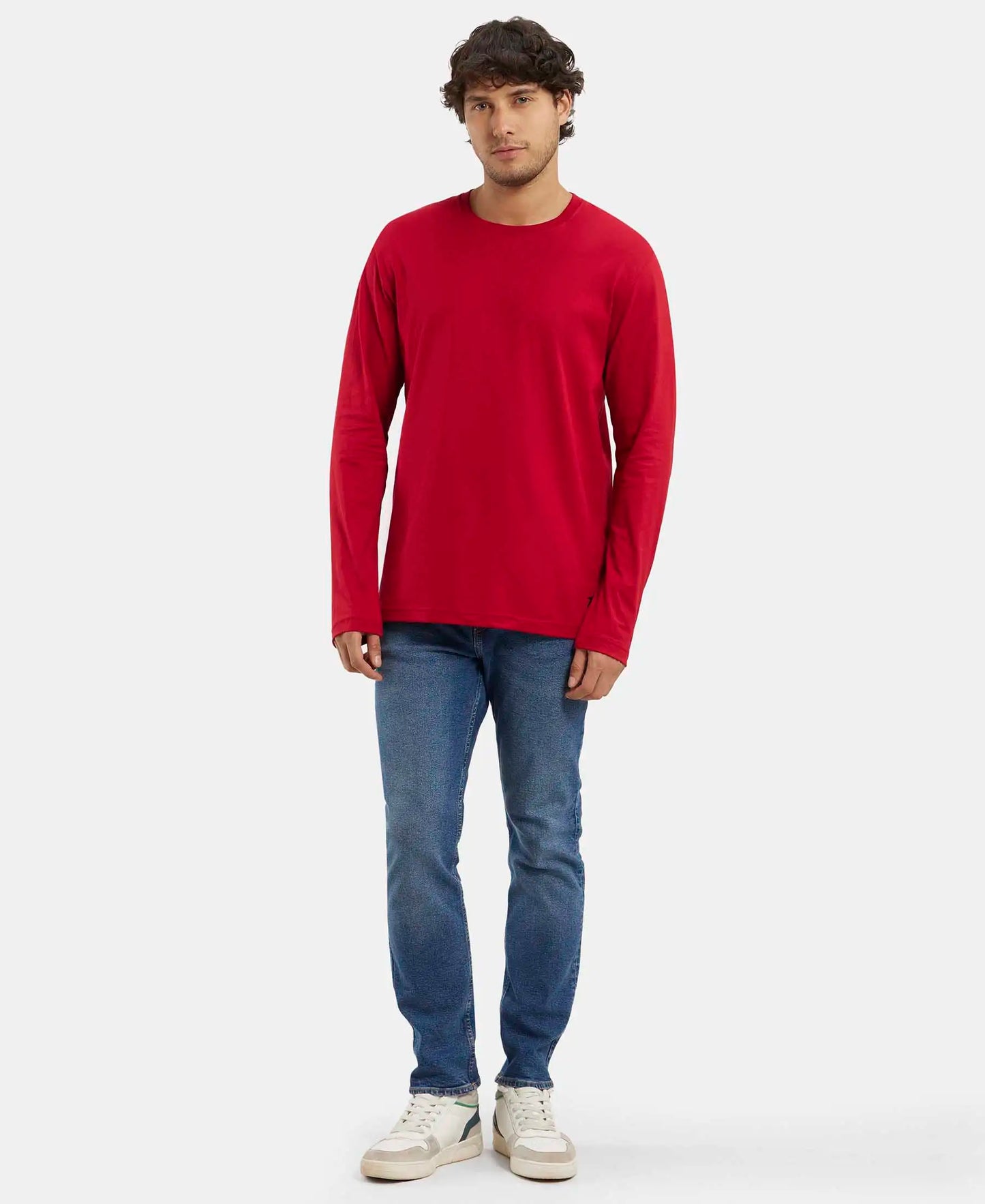 Super Combed Cotton Rich Solid Round Neck Full Sleeve T-Shirt - Shanghai Red-4