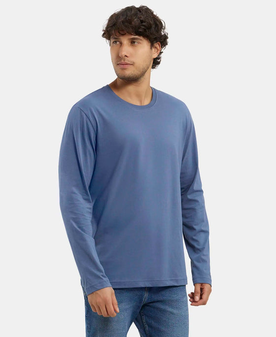 Super Combed Cotton Rich Solid Round Neck Full Sleeve T-Shirt - Vintage Indigo-2