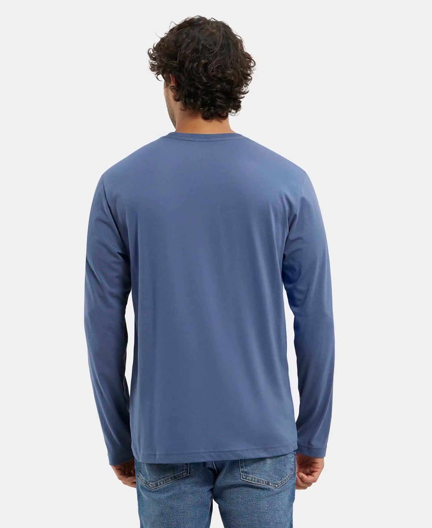 Super Combed Cotton Rich Solid Round Neck Full Sleeve T-Shirt - Vintage Indigo-3