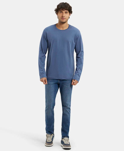 Super Combed Cotton Rich Solid Round Neck Full Sleeve T-Shirt - Vintage Indigo-4