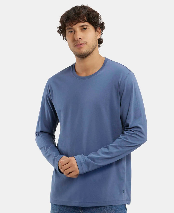 Super Combed Cotton Rich Solid Round Neck Full Sleeve T-Shirt - Vintage Indigo-5