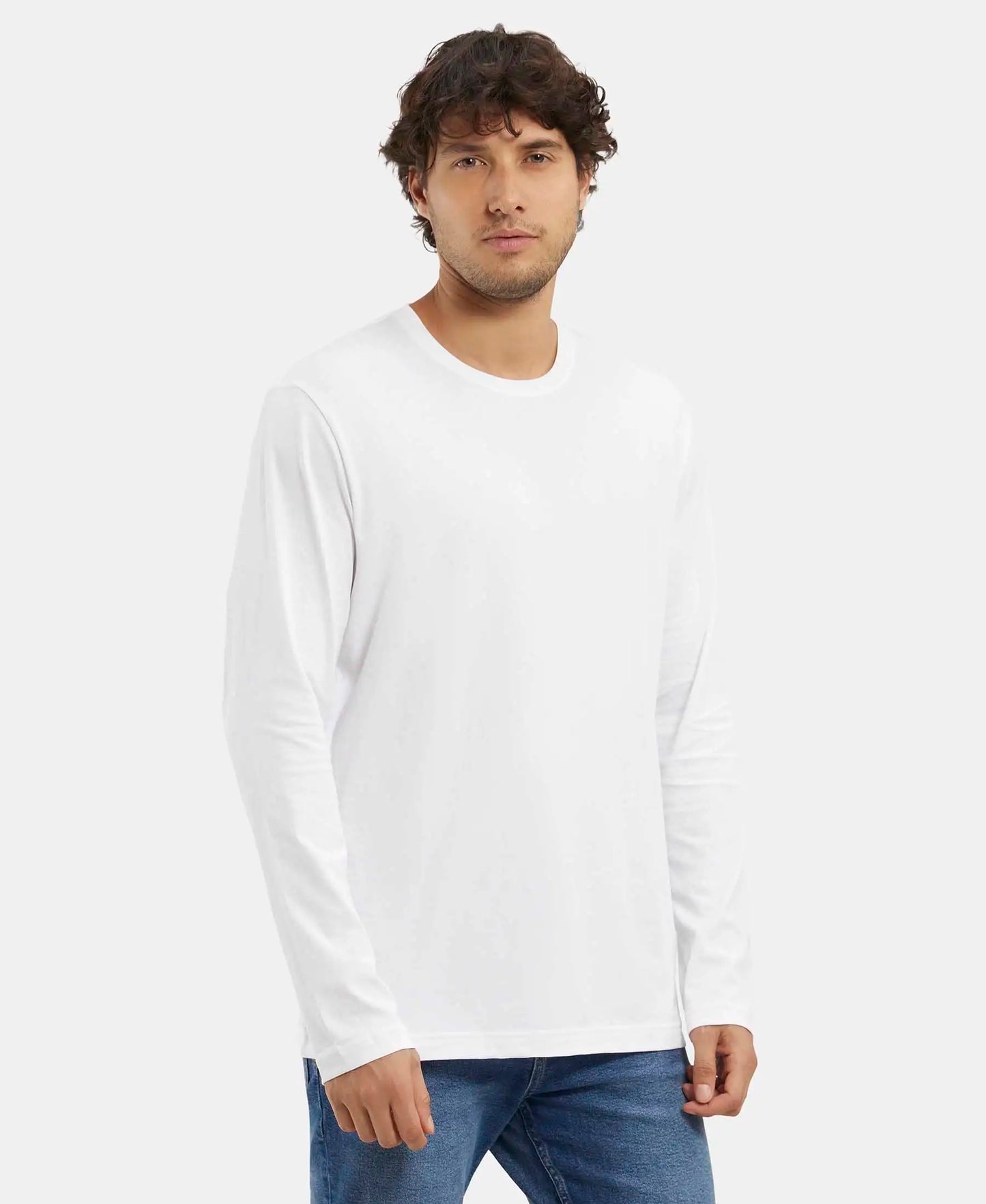 Super Combed Cotton Rich Solid Round Neck Full Sleeve T-Shirt - White-2