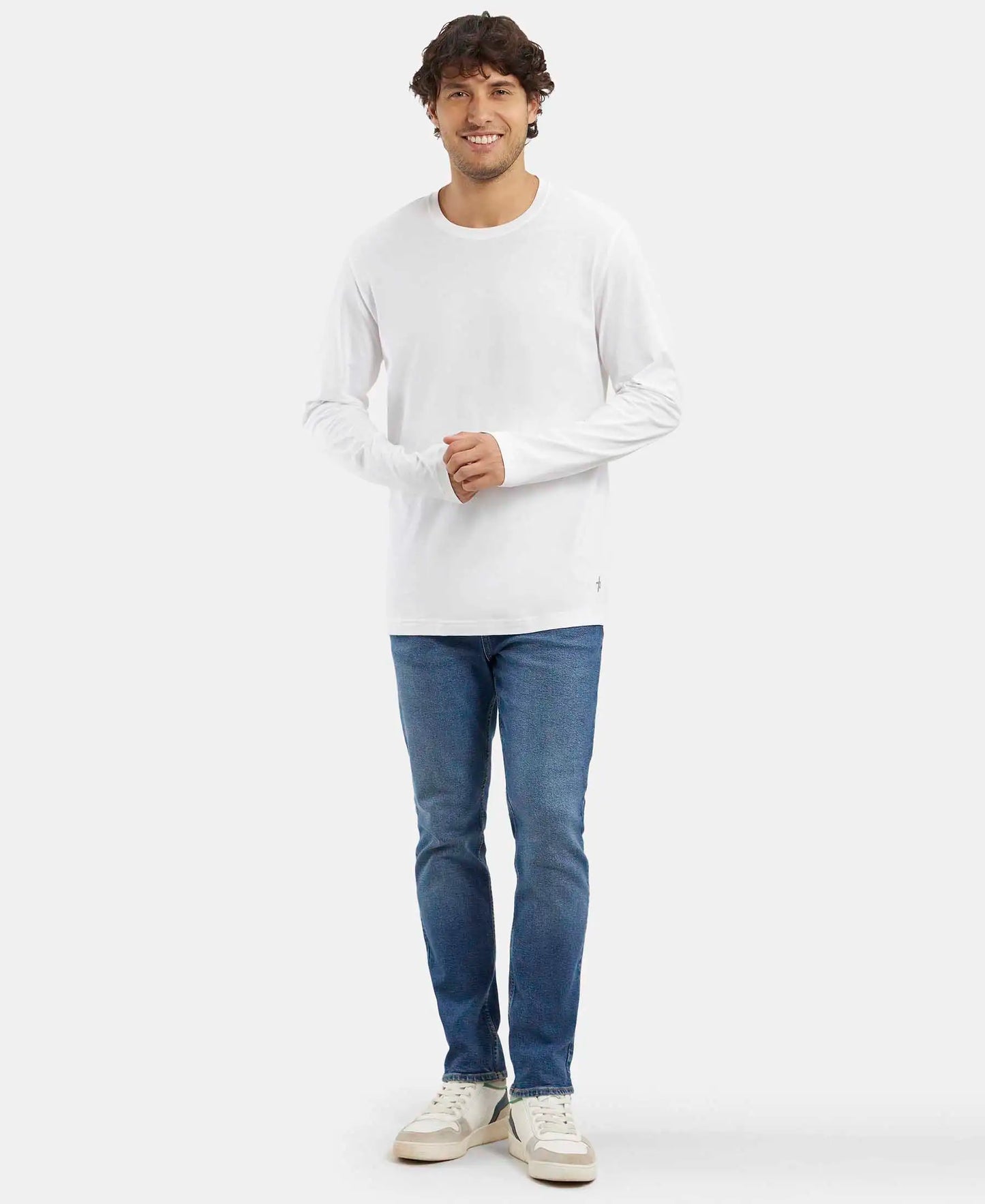 Super Combed Cotton Rich Solid Round Neck Full Sleeve T-Shirt - White-4