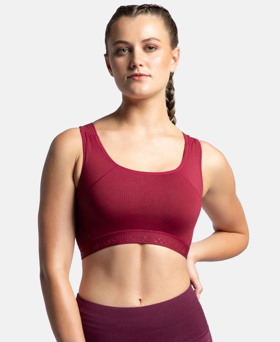 Wirefree Padded Tactel Nylon Elastane Stretch Full Coverage Racerback Styling Sports Bra with StayFresh and StayDry Treatment - Claret