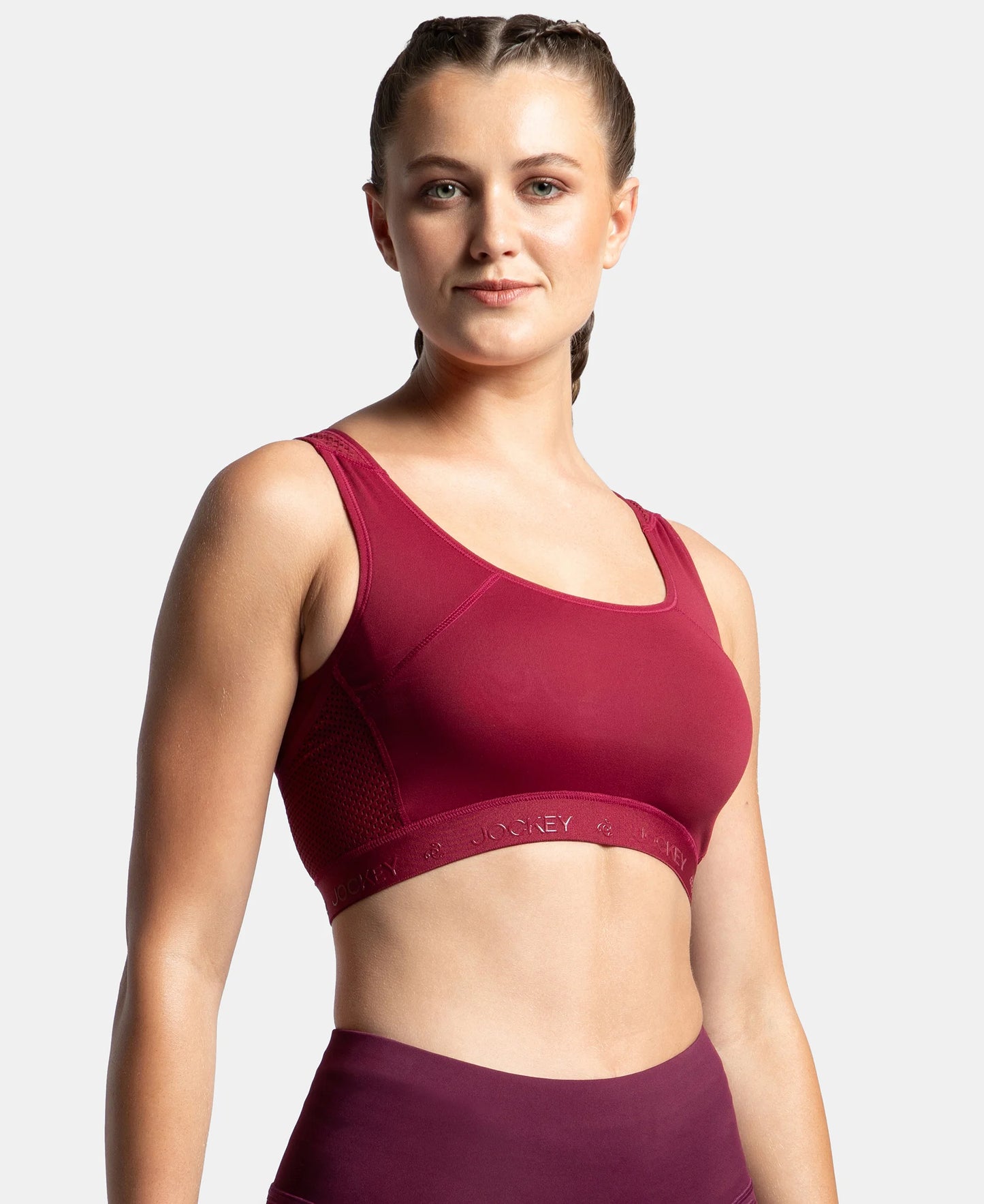 Wirefree Padded Tactel Nylon Elastane Stretch Full Coverage Racerback Styling Sports Bra with StayFresh and StayDry Treatment - Claret