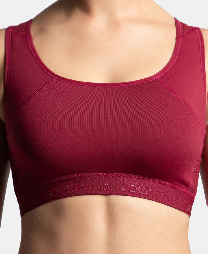 Wirefree Padded Tactel Nylon Elastane Stretch Full Coverage Racerback Styling Sports Bra with StayFresh and StayDry Treatment - Claret