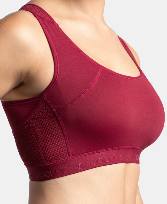 Wirefree Padded Tactel Nylon Elastane Stretch Full Coverage Racerback Styling Sports Bra with StayFresh and StayDry Treatment - Claret