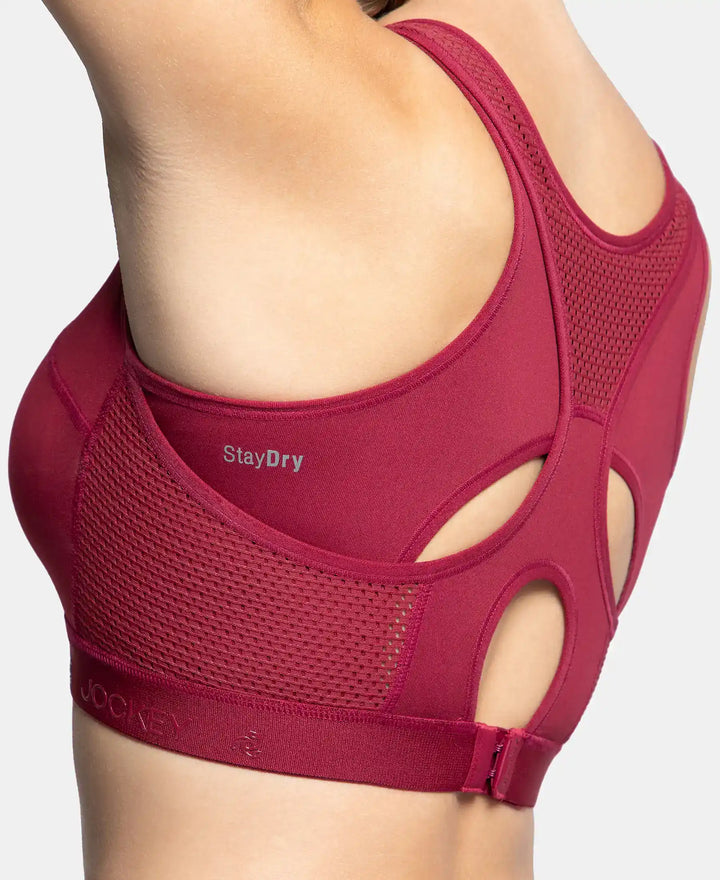 Wirefree Padded Tactel Nylon Elastane Stretch Full Coverage Racerback Styling Sports Bra with StayFresh and StayDry Treatment - Claret