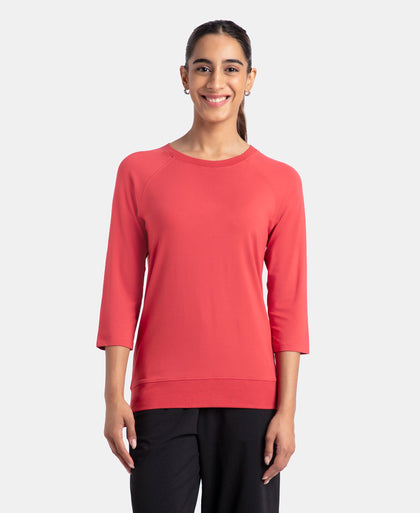 Super Combed Cotton Viscose Elastane Stretch Regular Fit Solid Round Neck Three Quarter Sleeve T-Shirt - Cardinal