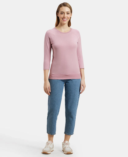 Super Combed Cotton Viscose Elastane Stretch Regular Fit Solid Round Neck Three Quarter Sleeve T-Shirt - Lilas