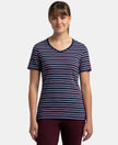 Super Combed Cotton Elastane Stretch Regular Fit Yarn Dyed Striped V Neck Half Sleeve T-Shirt - Pageant Blue