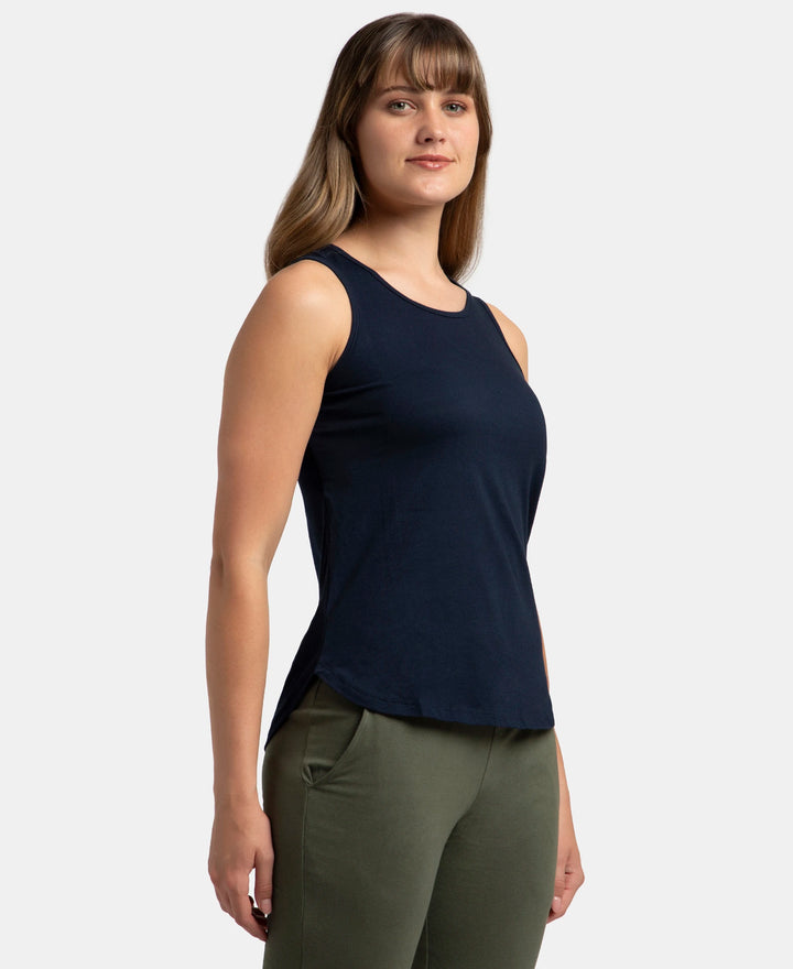 Super Combed Cotton Rich Solid Curved Hem Styled Tank Top - Navy Blazer