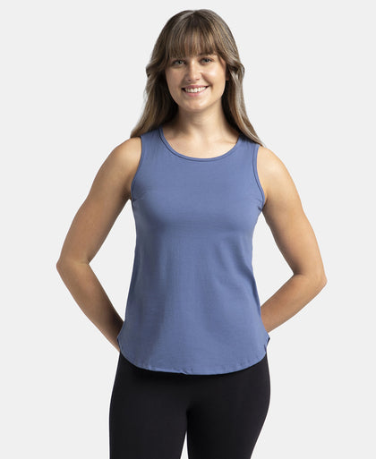 Super Combed Cotton Rich Solid Curved Hem Styled Tank Top - Topaz Blue