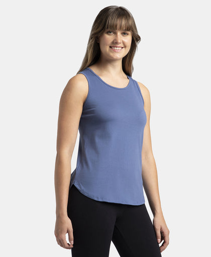 Super Combed Cotton Rich Solid Curved Hem Styled Tank Top - Topaz Blue