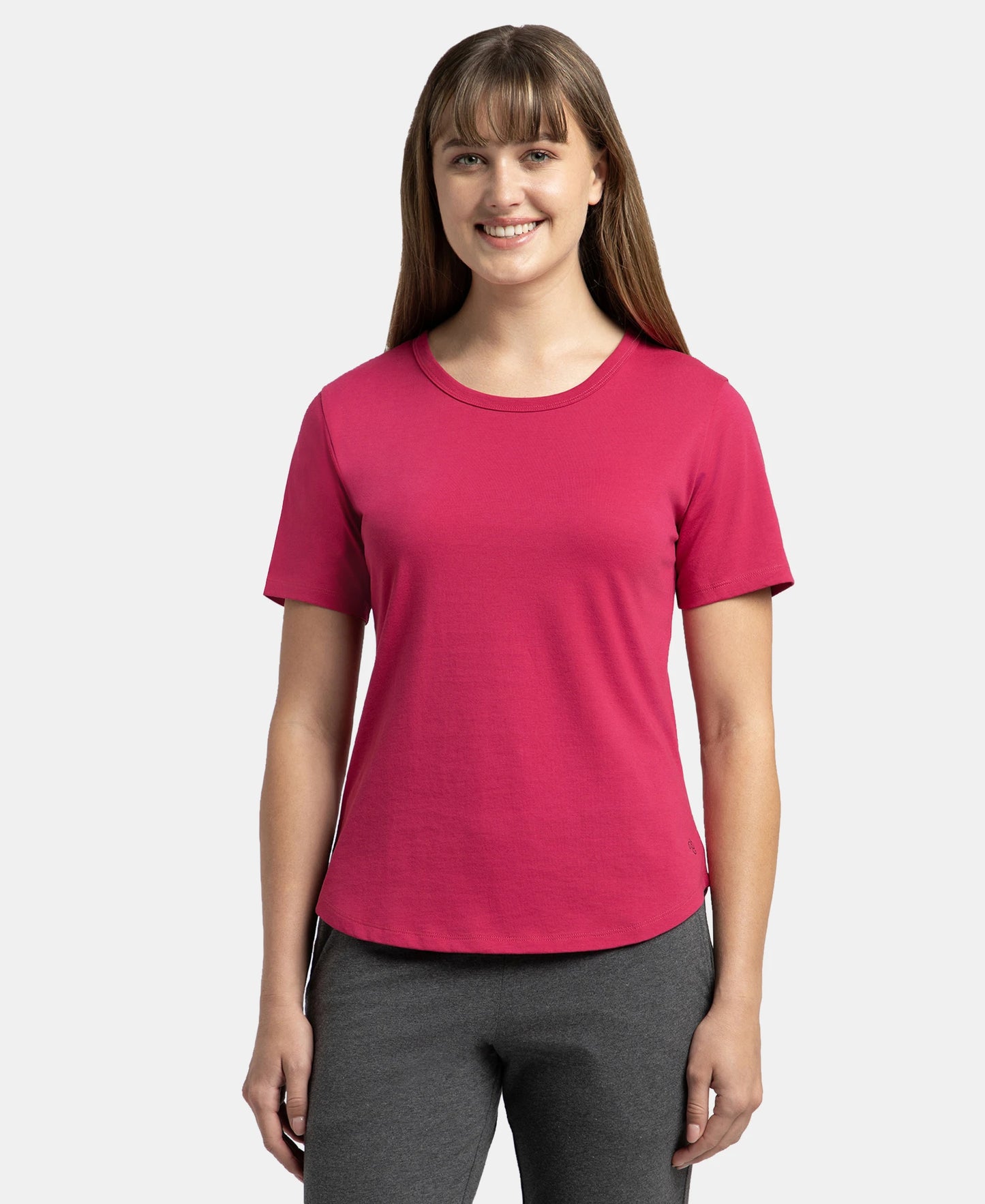 Super Combed Cotton Rich Relaxed Fit Solid Curved Hem Styled Half Sleeve T-Shirt - Red Plum