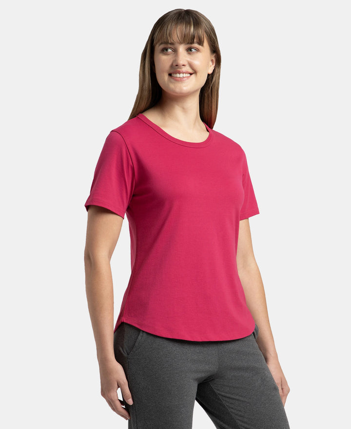 Super Combed Cotton Rich Relaxed Fit Solid Curved Hem Styled Half Sleeve T-Shirt - Red Plum