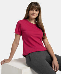 Super Combed Cotton Rich Relaxed Fit Solid Curved Hem Styled Half Sleeve T-Shirt - Red Plum