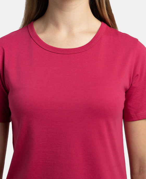 Super Combed Cotton Rich Relaxed Fit Solid Curved Hem Styled Half Sleeve T-Shirt - Red Plum