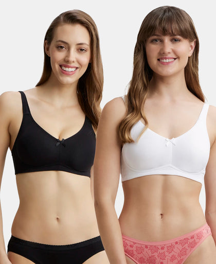 Pack of 2 Wirefree Non Padded Super Combed Cotton Elastane Stretch Full Coverage Everyday Bra with Concealed Shaper Panel - Black & White