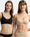 Pack of 2 Wirefree Non Padded Super Combed Cotton Elastane Stretch Full Coverage Everyday Bra with Concealed Shaper Panel - Black & Skin