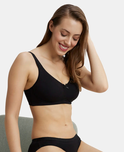 Pack of 2 Wirefree Non Padded Super Combed Cotton Elastane Stretch Full Coverage Everyday Bra with Concealed Shaper Panel - Black & Skin