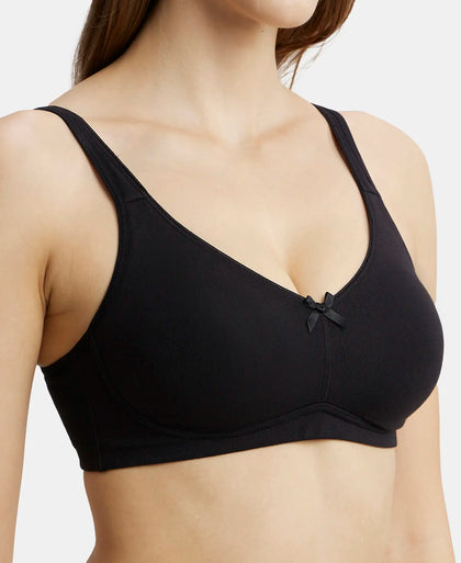 Pack of 2 Wirefree Non Padded Super Combed Cotton Elastane Stretch Full Coverage Everyday Bra with Concealed Shaper Panel - Black & Skin