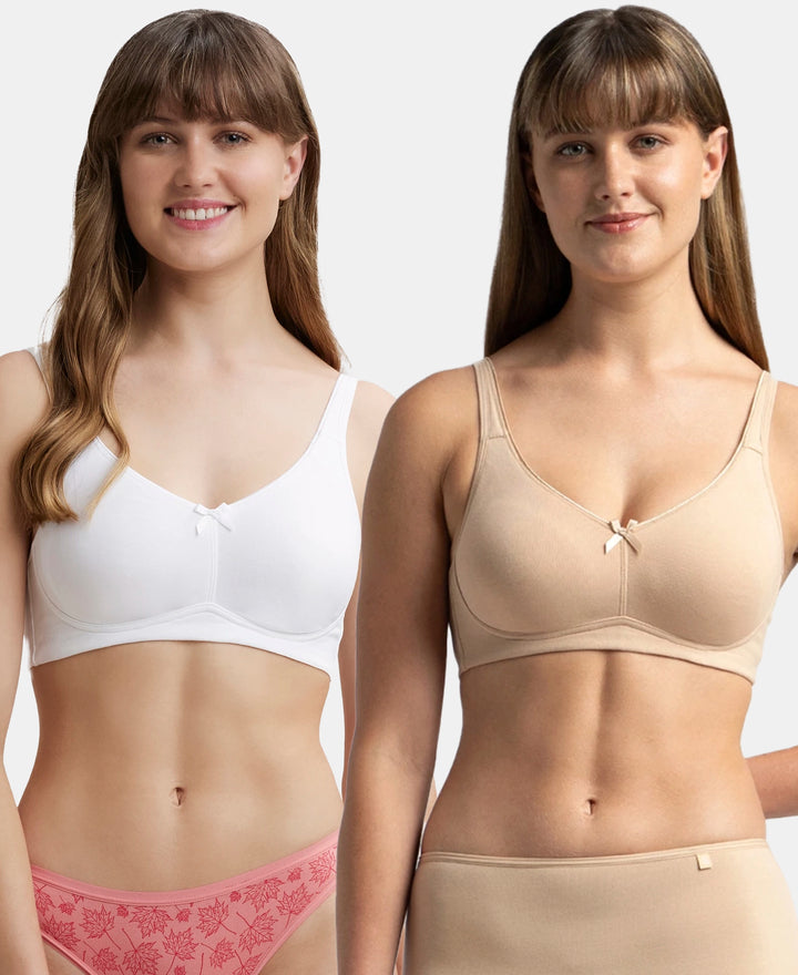 Pack of 2 Wirefree Non Padded Super Combed Cotton Elastane Stretch Full Coverage Everyday Bra with Concealed Shaper Panel - White & Skin