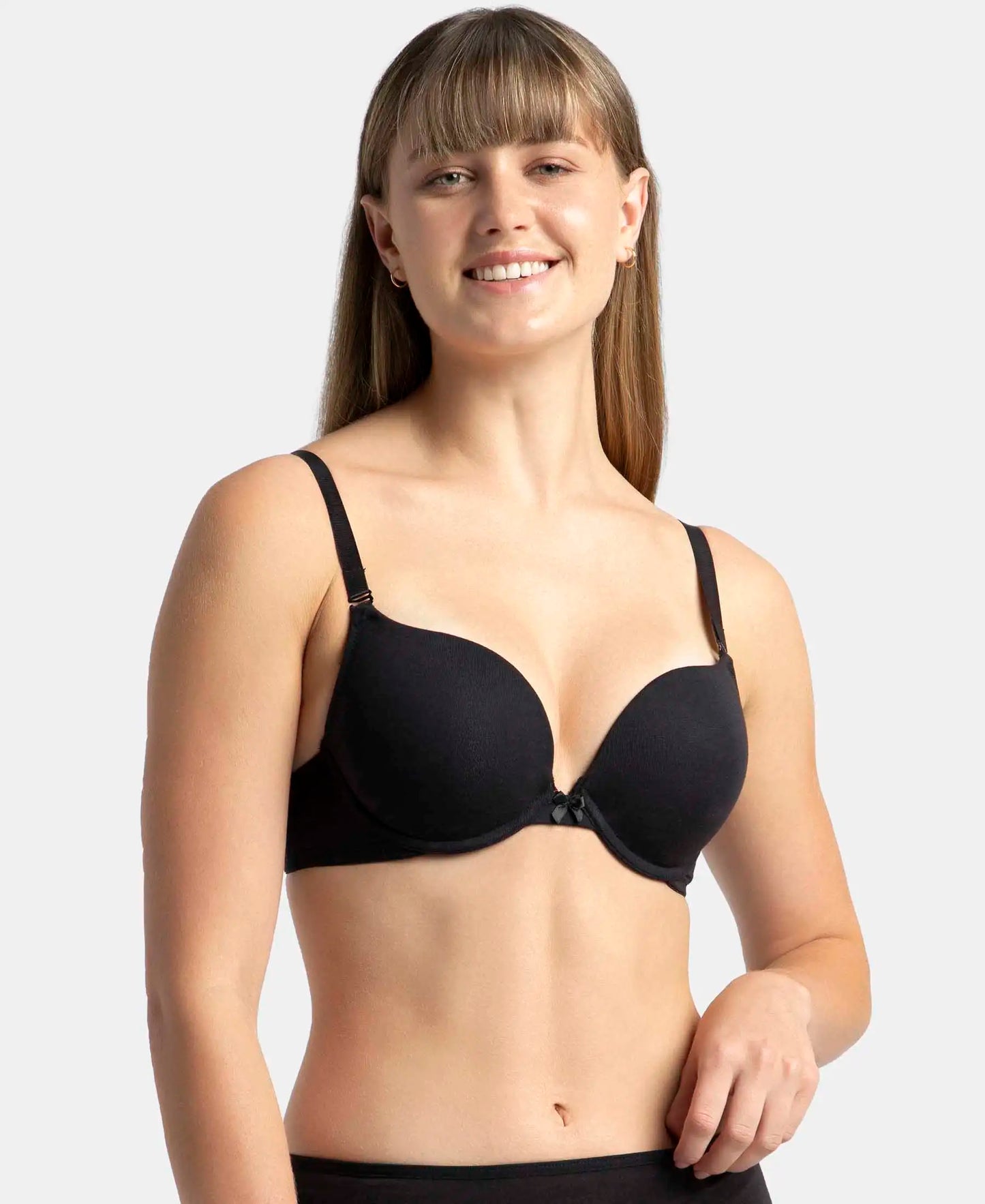 Wired Padded Super Combed Cotton Elastane Stretch Medium Coverage Pushup Bra with Plunge Neck - Black