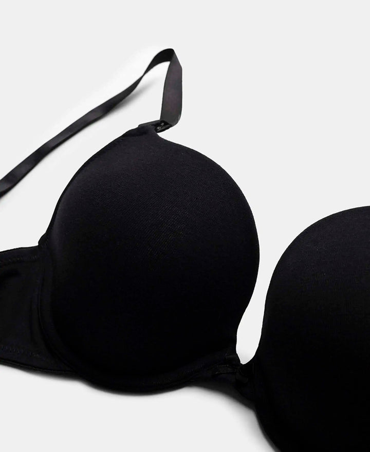 Wired Padded Super Combed Cotton Elastane Stretch Medium Coverage Pushup Bra with Plunge Neck - Black