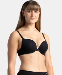 Wired Padded Super Combed Cotton Elastane Stretch Medium Coverage Pushup Bra with Plunge Neck - Black