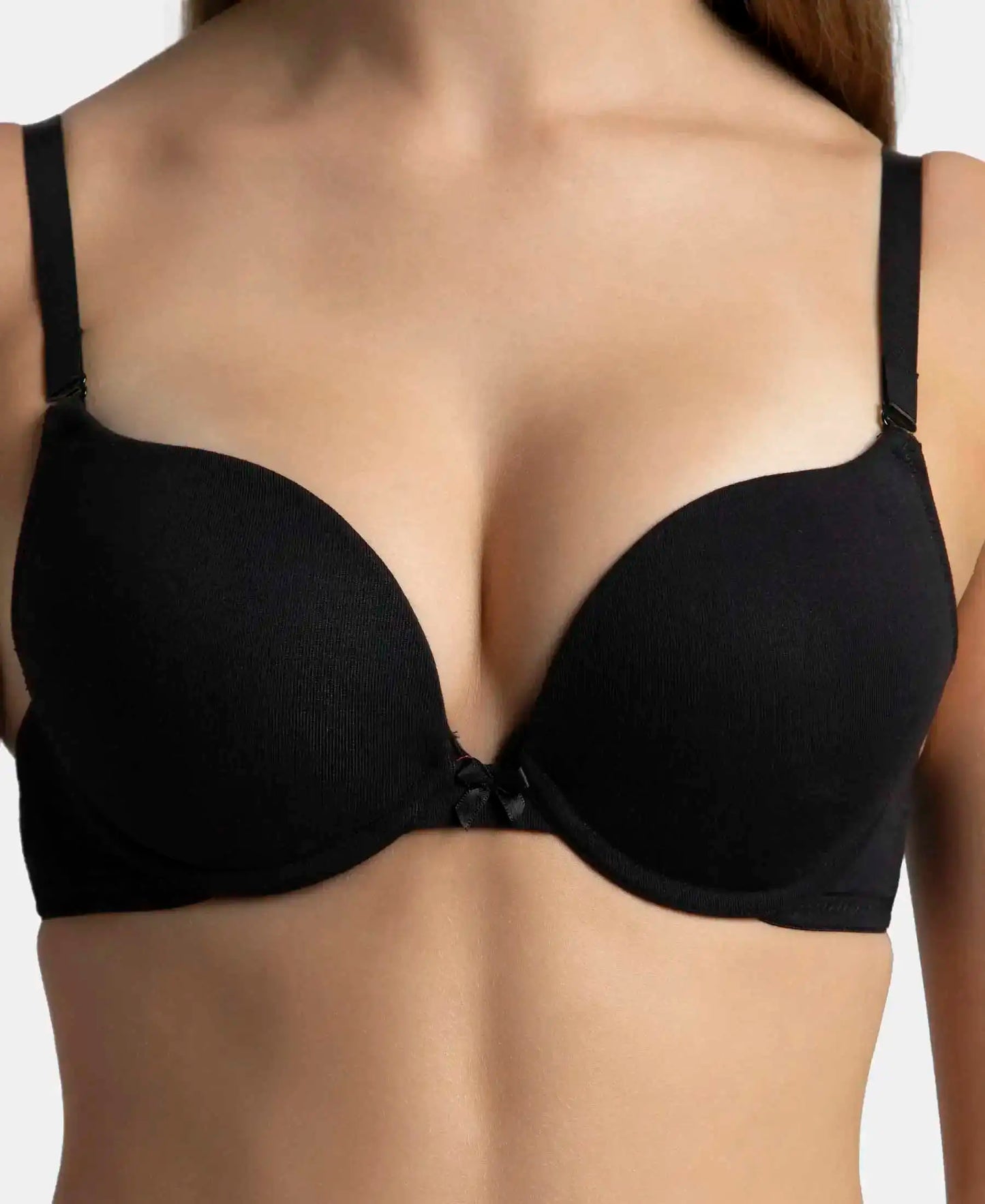 Wired Padded Super Combed Cotton Elastane Stretch Medium Coverage Pushup Bra with Plunge Neck - Black