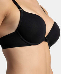 Wired Padded Super Combed Cotton Elastane Stretch Medium Coverage Pushup Bra with Plunge Neck - Black