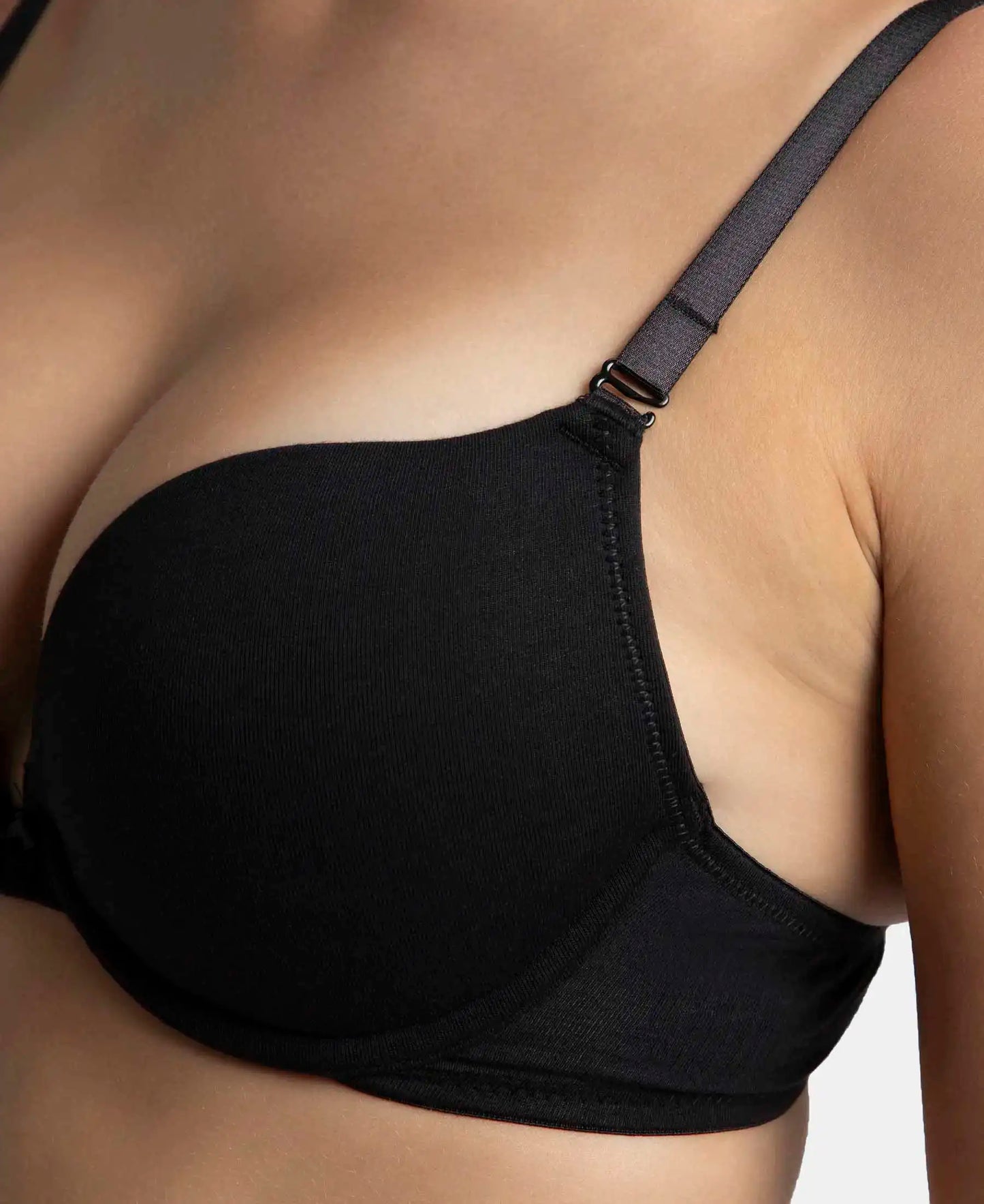 Wired Padded Super Combed Cotton Elastane Stretch Medium Coverage Pushup Bra with Plunge Neck - Black