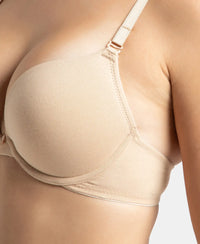 Wired Padded Super Combed Cotton Elastane Stretch Medium Coverage Pushup Bra with Plunge Neck - Light Skin