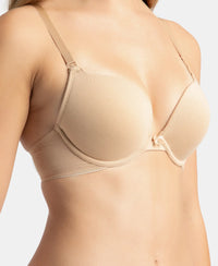 Wired Padded Super Combed Cotton Elastane Stretch Medium Coverage Pushup Bra with Plunge Neck - Light Skin