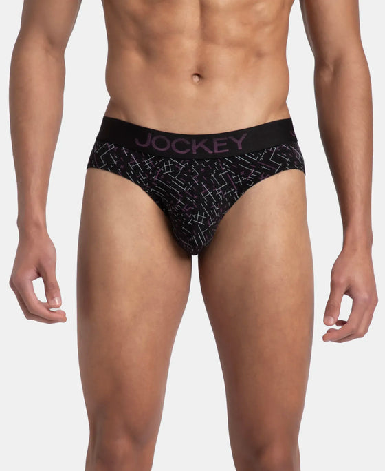 Super Combed Cotton Elastane Stretch Printed Brief with Ultrasoft Waistband - Black & Abstract Plum