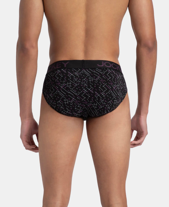 Super Combed Cotton Elastane Stretch Printed Brief with Ultrasoft Waistband - Black & Abstract Plum