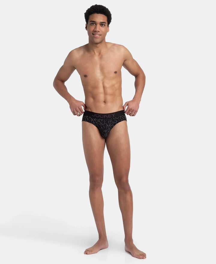 Super Combed Cotton Elastane Stretch Printed Brief with Ultrasoft Waistband - Black & Abstract Plum