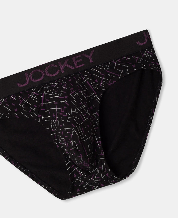 Super Combed Cotton Elastane Stretch Printed Brief with Ultrasoft Waistband - Black & Abstract Plum