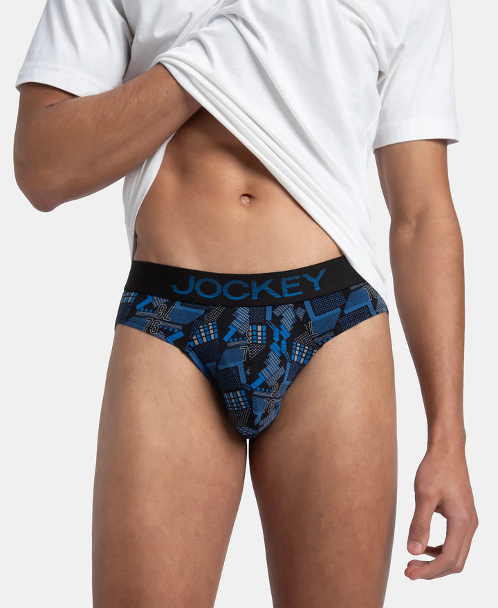 Super Combed Cotton Elastane Stretch Printed Brief with Ultrasoft Waistband - Black & Blue