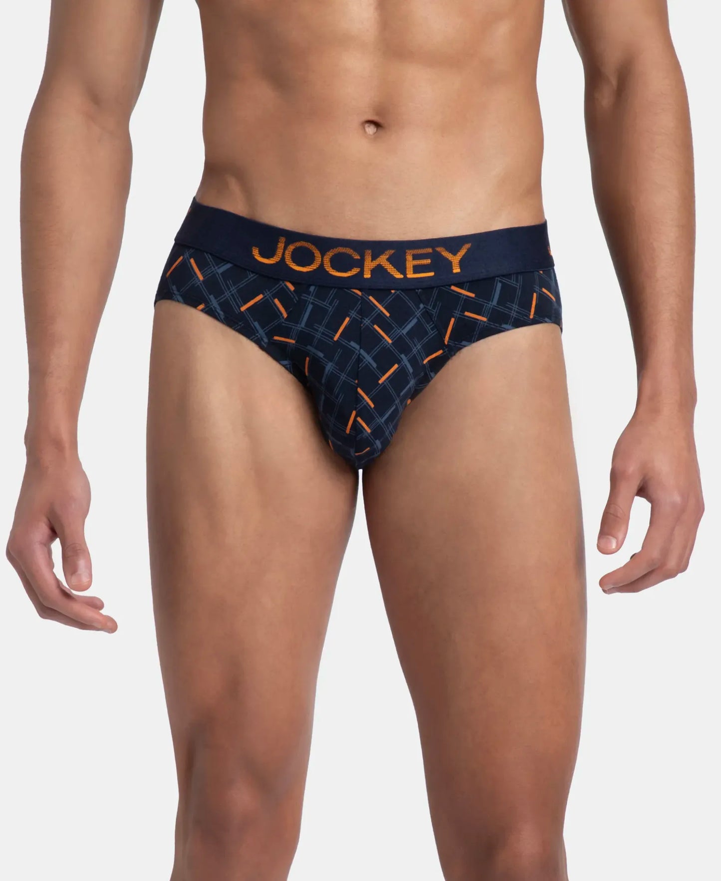 Super Combed Cotton Elastane Stretch Printed Brief with Ultrasoft Waistband - Navy & Orange