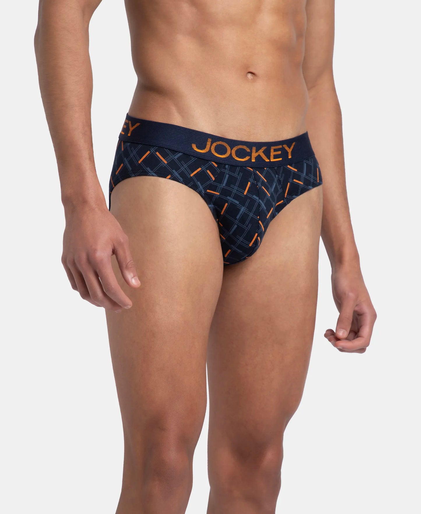 Super Combed Cotton Elastane Stretch Printed Brief with Ultrasoft Waistband - Navy & Orange