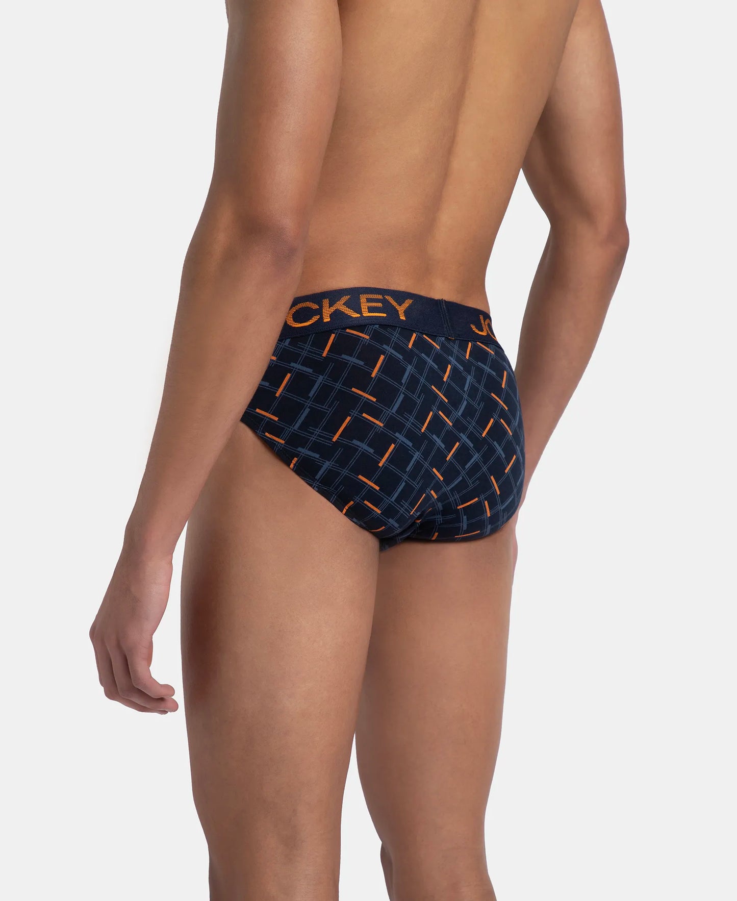 Super Combed Cotton Elastane Stretch Printed Brief with Ultrasoft Waistband - Navy & Orange