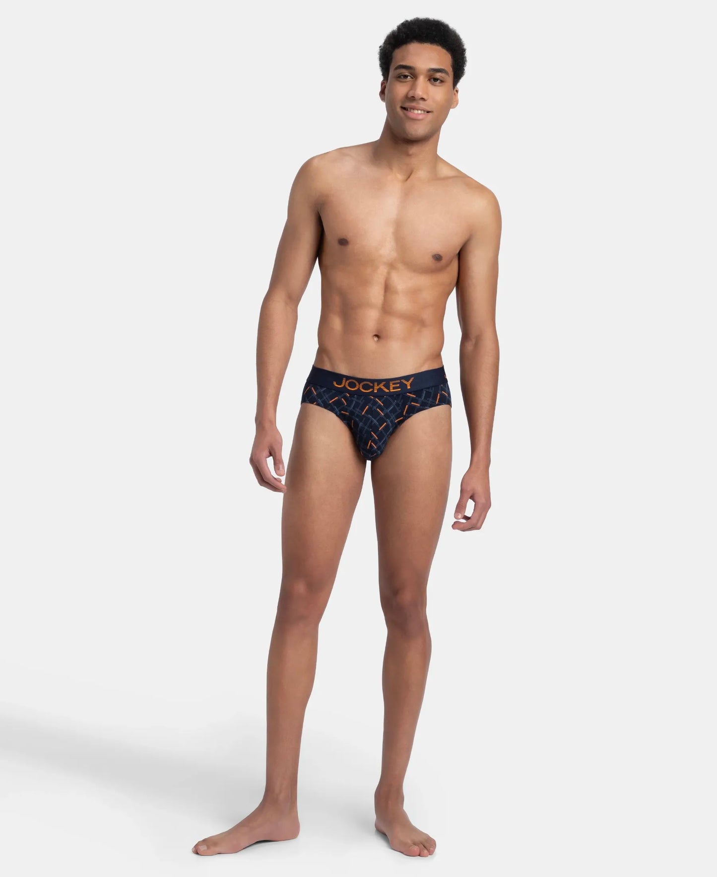 Super Combed Cotton Elastane Stretch Printed Brief with Ultrasoft Waistband - Navy & Orange